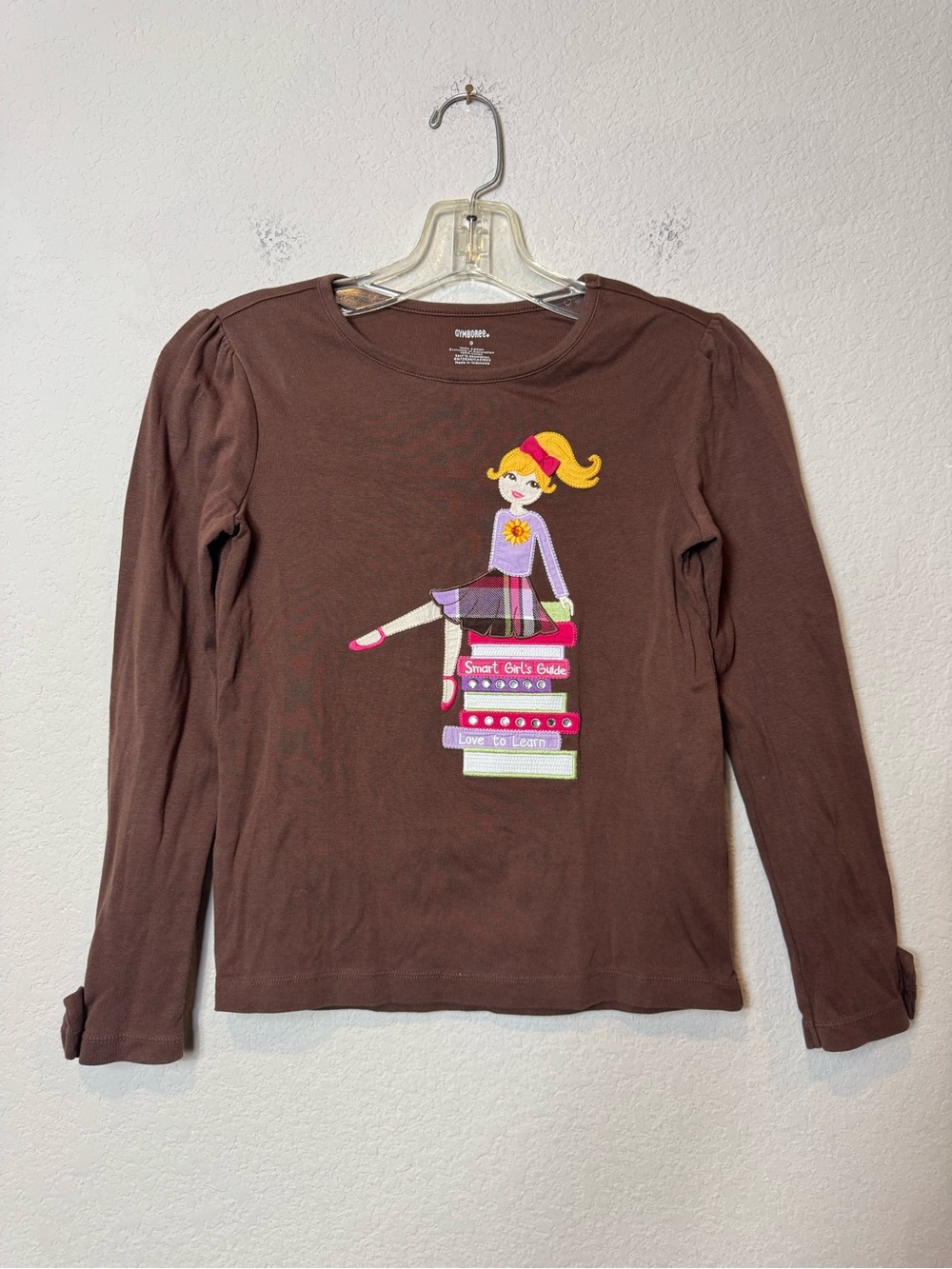 Gymboree Brown Long-Sleeve Tee with Girl on Books Love to Learn 100% Cotton Sz 9